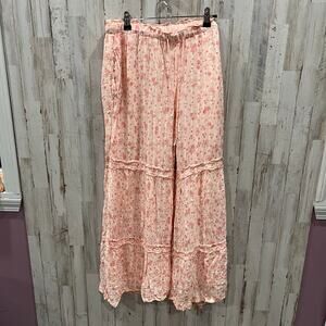 Free People *FLAW Pink Peach Floral Emmaline Tiered Boho Wide Leg Pants Large
